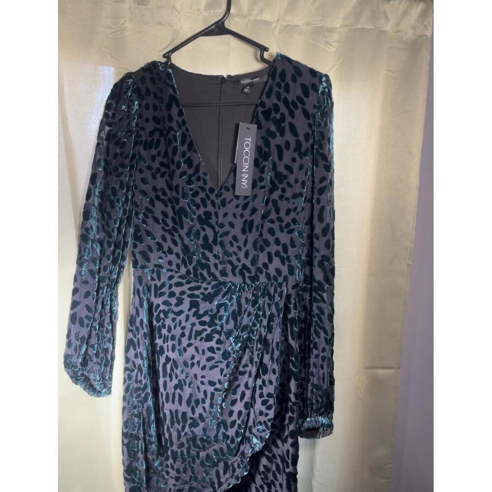 NWT Toccin NY $595 Doris Draped Mini Women's Size 8 Dress Leopard Print Teal - Picture 2 of 8